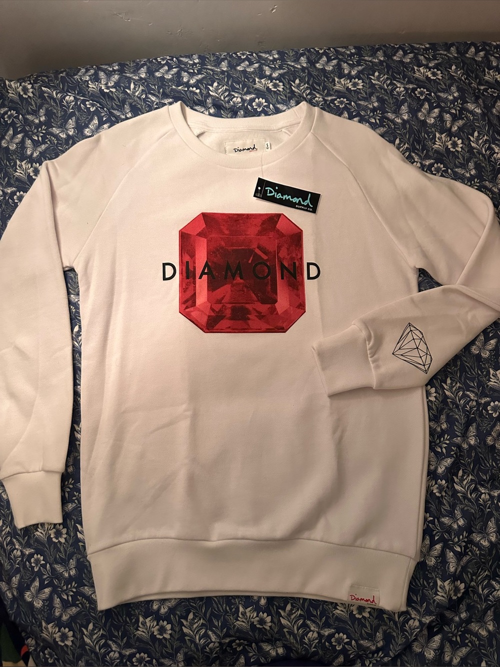 Diamond Supply Co. White Crewneck Sweatshirt with Red Gem Print
